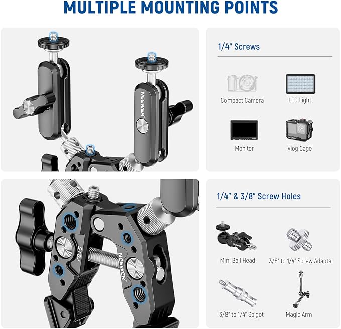 NEEWER Heavy Duty Super Clamp with Two 360° Dual Ball Head Magic Arms, 1/4" 3/8" Screw Threads, Phone & Action Camera Mount Adapter for Flat/Round Surface Compatible with GoPro DJI Insta360 DSLR - Image 6