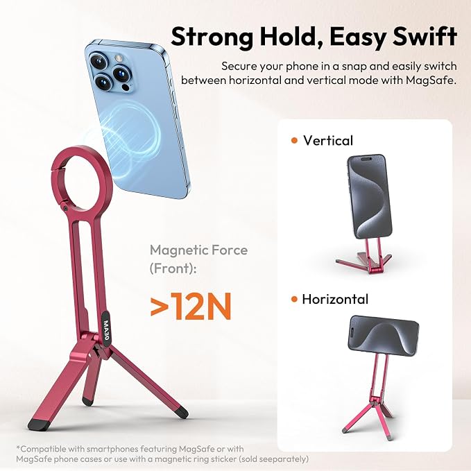 ULANZI MA30 Magnetic Phone Tripod Stand for iPhone - Aluminium Maglock Smartphone Mini Tripod Pocket Cell Phone Stand Strong Magnet Quick Mount Compatible with iPhone 17 16 15 14 13 12 Series, Red - Image 4