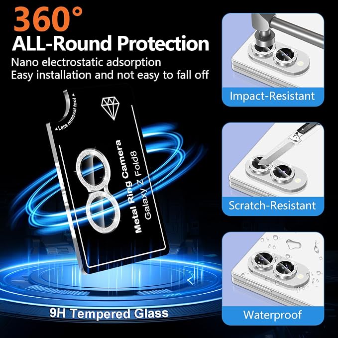 for Samsung Galaxy Z Fold 8 Camera Lens Protector, Individual Metal Ring Tempered Glass Lens Cover, [Strong Adsorption] Scratch Resistant Ultra-Thin HD Clear Lens Cover, Silvery Sparkly - Image 2