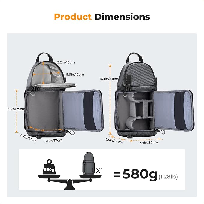 K&F CONCEPT Camera Sling Bag, Compact Crossbody Backpack, 10L | Fits Mirrorless & Small DSLR. Water-Repellent Twill Fabric. 5 Removable Dividers. Adjustable Strap 20.5–39.8 in. BS11 - Image 7
