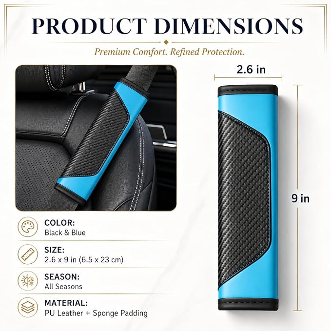 Carbon Fiber PU Leather Seat Belt Covers - 2Pcs, Black and Blue Sporty Seat Belt Pads, Universal Fit for Car Truck SUV - Image 2