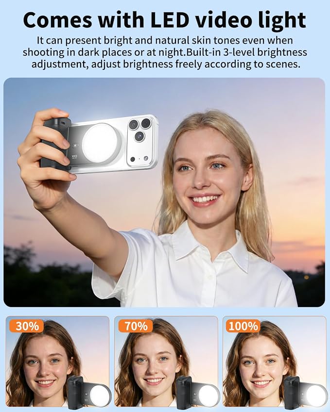 VRIG MG-35 Magnetic Phone Camera Grip for iPhone/Android with Detachable Wireless Shutter Remote,Three-Gear Adjustable Fill Light, 1/4" Tripod Screw - Comfort Ergonomic Camera Grip Handle Holder - Image 5