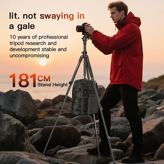 72" Overhead Tripod, Camera Tripod with Center Column and 360 Degree Ball Head, Detachable Monopod with Arca QR Plate, Horizontal Tripod for Camera, DSLR, Max Load 11 lbs - Image 7