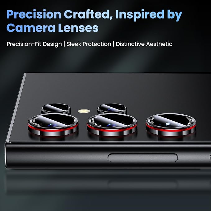 Uyiton for Samsung Galaxy S24 Ultra Camera Lens Protector, Unique Design | Case-Friendly, Military-Grade Sapphire Glass with Aluminum Metal Rear Camera Screen Cover, Black+Red (6.8 inch) - Image 3