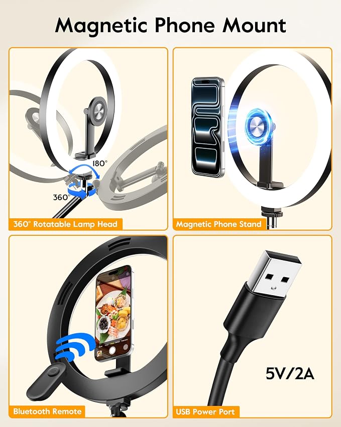 LUXSURE Ring Light with Magnetic Phone Holder, Overhead Phone Mount with 10" Selfie Light Phone Tripod with Ring Light and Remote, Phone Stand with Light for Video Recording - Image 7