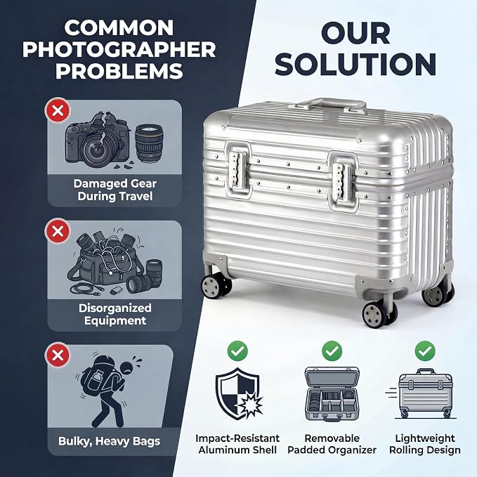 Full Aluminum Rolling Camera Bag 18" Camera Case | Wheeled Photography Gear Case, Carry-on Luggage, Dual TSA locks, Detachable Wheels & Dividers, Fits 17" laptop, DSLRs & Lens - Image 7
