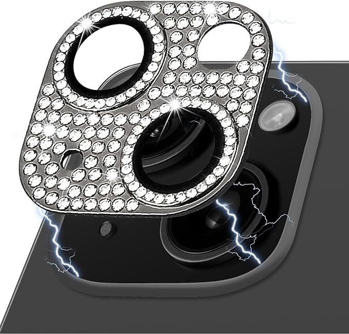 Designed for iPhone 14 and 14 Plus Camera Lens Protector, Bling Rhinestone Sparkle Diamond 9H Tempered Glass Lens Cover Shockproof Full Protective Camera Cover, Black by Hsefo