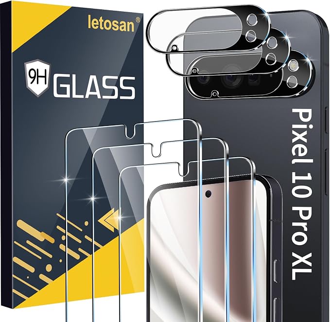 letosan 3 Pack for Google Pixel 10 Pro XL Screen Protector Tempered Glass + 3 Pack Camera Lens Protector, Military Grade Shatterproof, 9H Hardness, Fingerprint Unlock,Case Friendly 6.8 Inch by letosan