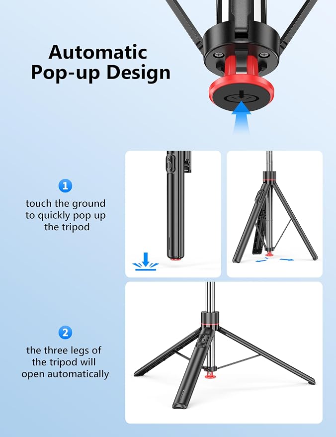 70" Extendable Selfie Stick Tripod, Automatic Phone Tripod with Magnetic Remote & 1/4" Screw, Lightweight Travel Tripod Stand for iPhone/Android & Camera, Vlog Video Recording - Image 2