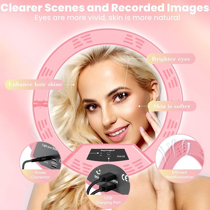22" Foldable Ring Light with Stand for iPhone ipad, 75" Tripod with Wheels 50W 6500K LED Display/2 USB Ports Large Ringlight Rolling, Tattoo Barber Makeup Studio Video Photography Lighting(Pink) - Image 4