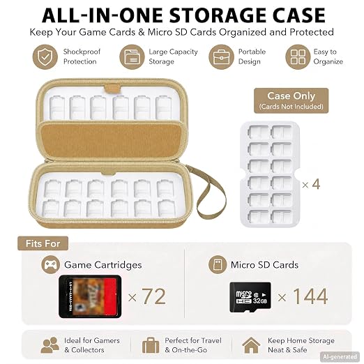 Game Card Case for Nintendo Switch, 72 Games and 144 MicroSD Cards, Gold | Hard EVA Memory Card Organizer with Removable EVA-PVC Trays, Fitted Slots and Finger Grooves for Easier Browsing - Image 2