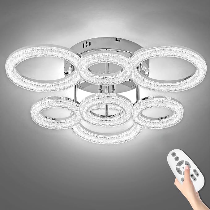 Modern Ceiling Light, 7 Rings 23'' Dimmable LED 106W Flush Mount Ceiling Lights with Remote Acrylic Crystal Round Ceiling Light Fixture, Bedroom Living Room Dining Room, Chrome by OKELI