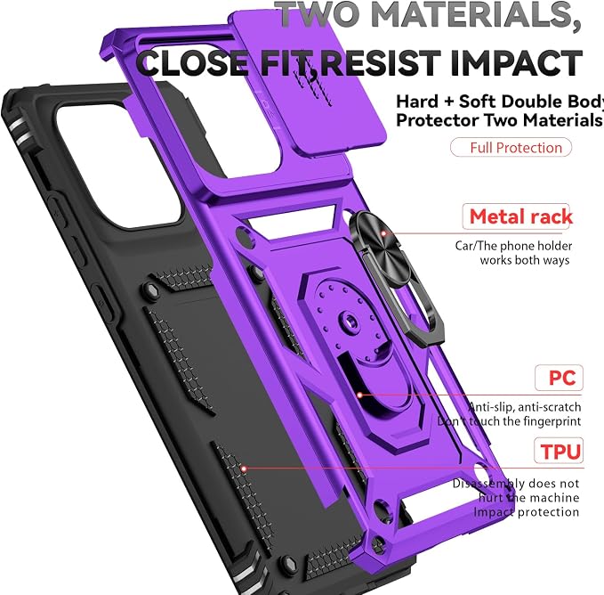 SunStory Compatible with Motorola Moto Edge 2025 Case with HD Screen Protector & Slide Camera Cover & Rotated Ring Kickstand, [Military-Grade] Phone Case for (Purple, Moto Edge 2025) - Image 8