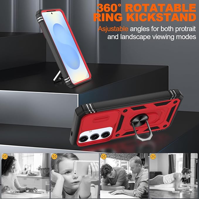 Gritup Fit for Samsung Galaxy S25 Case with Slide Camera Cover | 2 Pcs Screen Protector, Build in 360° Rotating Ring Kickstand, Military Grade Protective Phone Case, Red+Black - Image 8