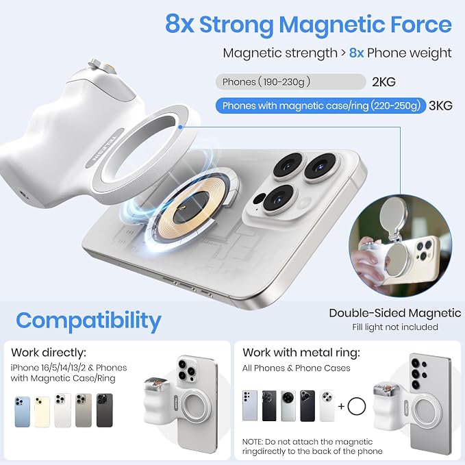 Magnetic Phone Camera Grip,Shooting Holder Selfie Handle Snap(White) | Wireless Shutter for iPhone 17 16 15 14 Android Cellphone Vlog Photography - Image 4