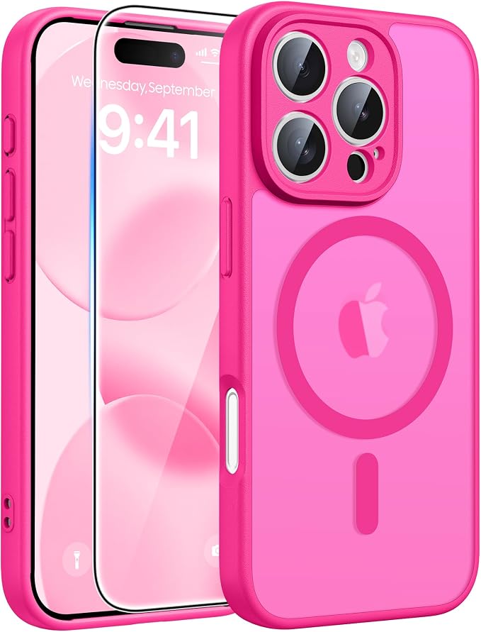 FNTCASE for iPhone 16 Pro Max Case, Fit for Magsafe, Glass Screen Protector | Full Camera Protection, Translucent Matte, 14FT Military Grade Drop Proof, Shockproof Protective Phone Cover, Hot Pink by FNTCASE