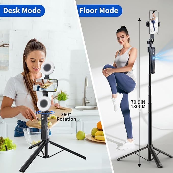 70.9" Auto Face Tracking Selfie Stick Tripod for iPhone with Light, No App, 360° Rotation Tripod that Follows Your Movement with Remote Control for Vlog/Live Stream/Video Recording - Image 8