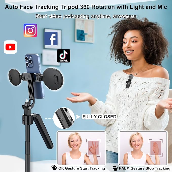 Auto Face Tracking Tripod for iPhone with Light,70inch Phone Tripod Holder with Gesture Control,Travel Selfie Stick for Content Creator Vlog Live Stream Video Recording - Image 2