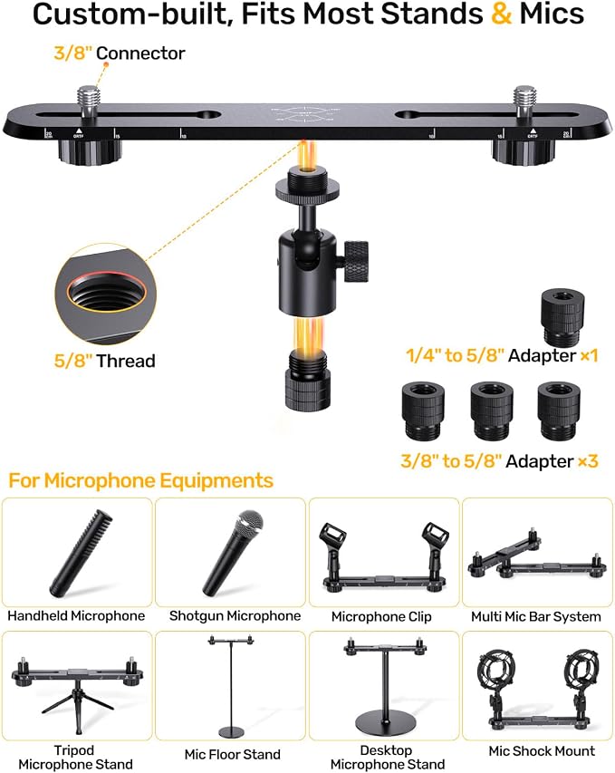 Stereo Array Spacing Mic Mount Bar with 360° Mic Ball Head Adapter, Adjustable Mic Holder for Two Mics/Booms with 1/4”, 3/8” & 5/8” Thread Adapter Fits Most Mic Stands, for XY/ORTF Recording - Image 4