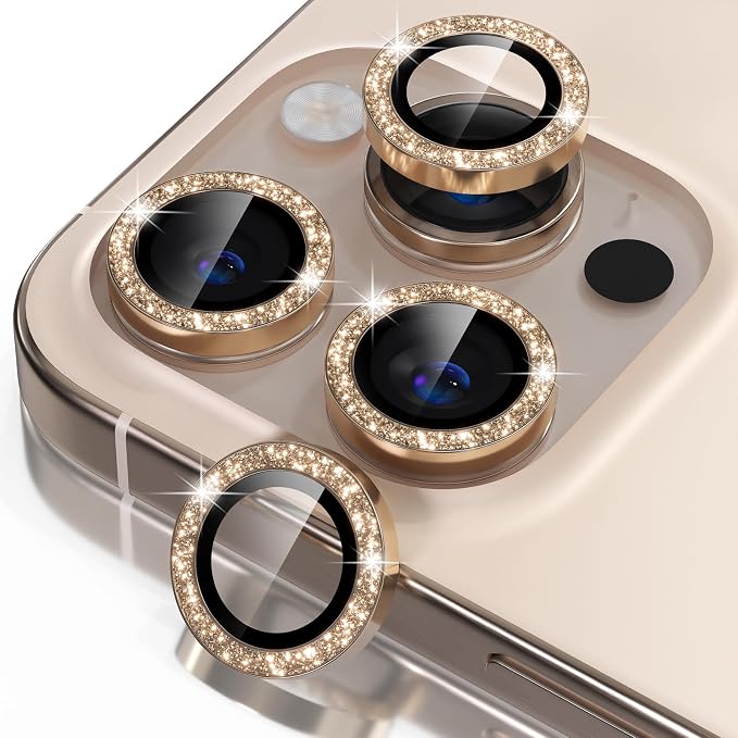 Misea Compatible for iPhone 16 Pro/iPhone 16 Pro Max Camera Lens Protector | 9H Tempered Glass Ultra HD Bling Camera Screen Protector Cover Metal Individual Ring Decoration Accessories, Gold Glitter by Misea