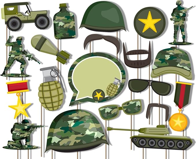 Birthday Galore Classic Camo- Army Military Photo Booth Props Kit - 20 Pack Party Camera Props Fully Assembled by BirthdayGalore