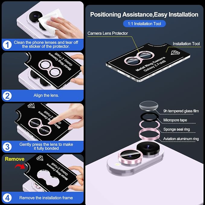 for Samsung Galaxy Z Fold 8 Camera Lens Protector, Individual Metal Ring Tempered Glass Lens Cover, [Strong Adsorption] Scratch Resistant Ultra-Thin HD Clear Lens Cover, 1 Set-Pink - Image 6