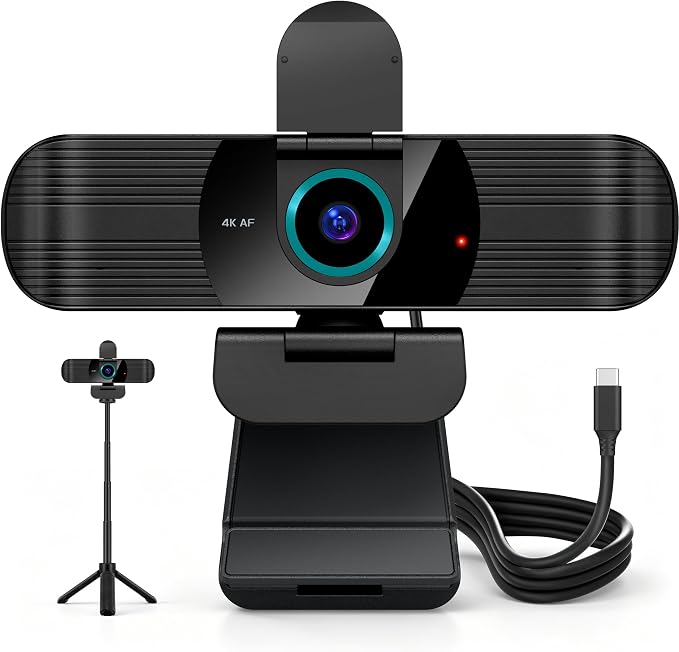 Pro UHD 4K/30fps Webcam with Tripod, External USB-C Camera for PC/Laptop | Dual noise-cancelling mics | Auto-focus | Wide-angle | Low-light correction | 360° rotation | CMOS sensor | Plug and Play by RUWBY