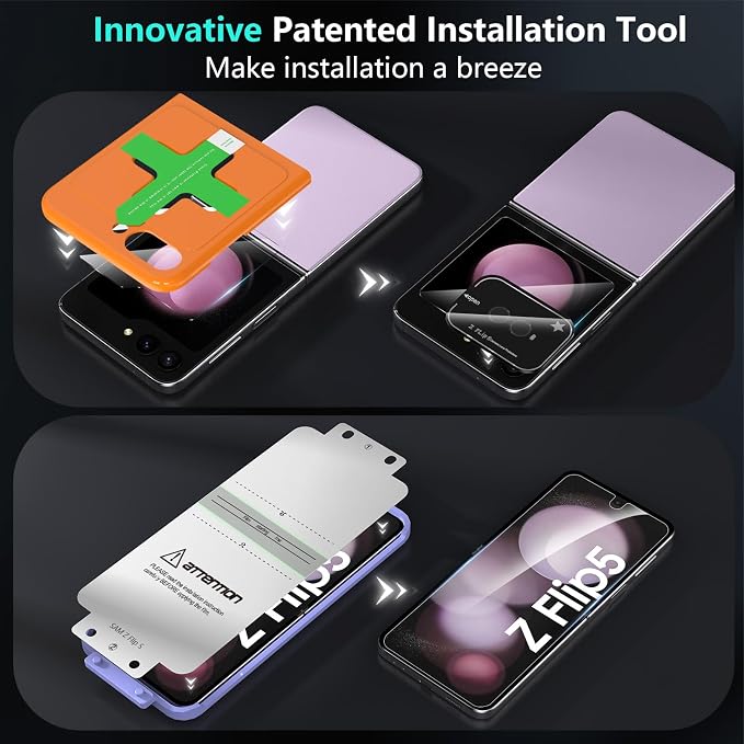YWXTW [ 2023 Upgraded Alignment Tool for Samsung Galaxy Z Flip 5 Screen Protector, 2 Pack Inner Soft EPU + 2 Pack Front Tempered Glass + 2 PCS Metal Camera Lens Protector, Case Friendly - Image 2