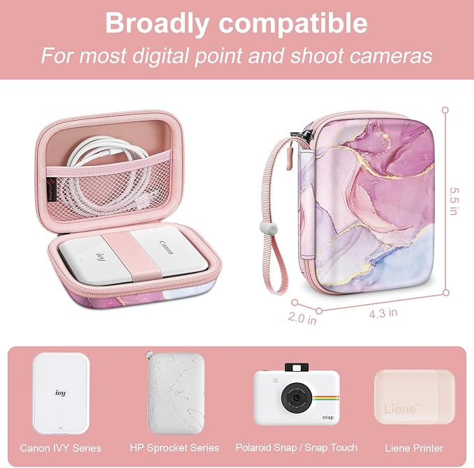 FINTIE Protective Case for Canon Ivy 2 Mini, CLIQ2 & CLIQ+2 Photo Printer | Shockproof Hard Shell Carrying Case, With Wrist Strap, Pocket Camera Storage, Charger Cable Organizer, Dreamy Marble - Image 2