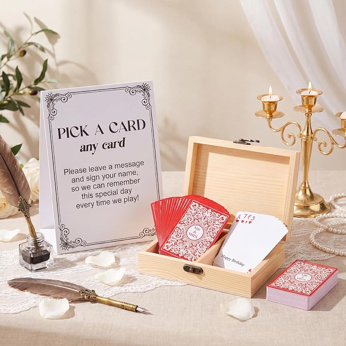 AceOrbit 57 Pack Red Wedding Guest Book Playing Cards Set with Wooden Box | Wedding Signing Guestbook Alternative Personalized Blank Deck of Cards for Guest Reception Romantic Vegas Bridal Shower Games - Image 2