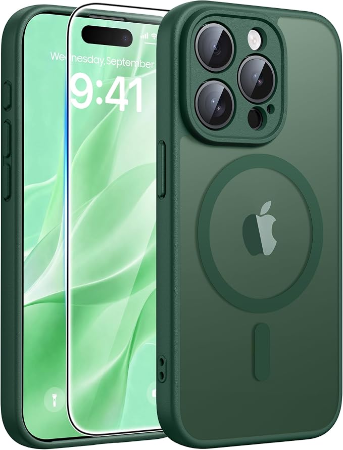 FNTCASE for iPhone 15 Pro Case, Fit for Magsafe, Screen Protector, Green | Full Camera Protection, Translucent Matte, 14FT Military Grade Drop Proof, Shockproof Protective Phone Cover by FNTCASE
