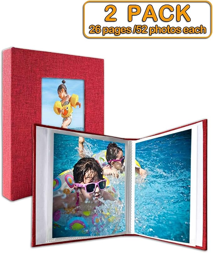 GPIRAL Small Photo Album 5x7 – 2 Pack, Each 26 Clear Pages Hold 52 Pictures. Album for 5x7 Photos, Artwork, Drawings, Linen Cover with Front Window, Red Fabric - Image 3
