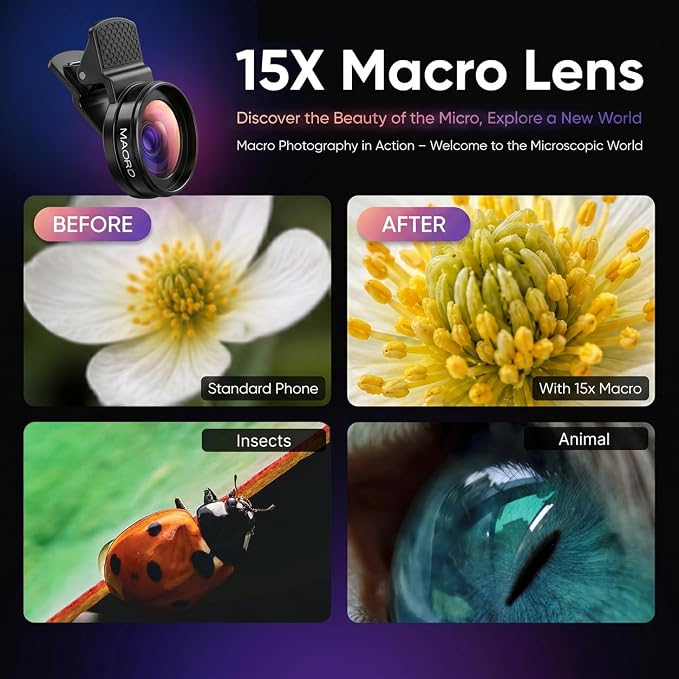 Phone Camera Lens Kit, 0.45X Super Wide Angle Lens + 15X Macro Lens 2 in 1 Professional Lens Attachment for Phone 17/16/15/14/13 - Image 2