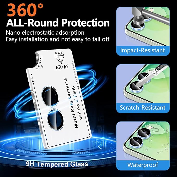 for Samsung Galaxy Z Flip 8 Camera Lens Protector, Individual Metal Ring Tempered Glass Lens Cover, [Strong Adsorption] Scratch Resistant Ultra-Thin HD Clear Lens Cover, 1 Set-Blue Ring - Image 2