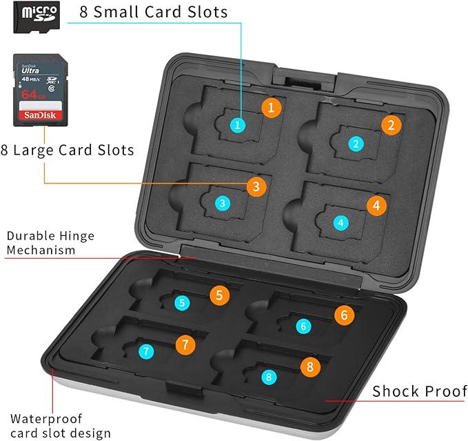 Aluminum Shock Resistant Carrying Box Memory Card Storage Case Holder 8 Slots for SD SDHC MMC Micro SD TF Cards Silver - Image 2