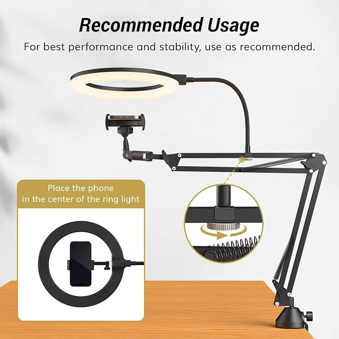 TONOR Overhead Ring Light Kit, 10" Ringlight with Heayy Duty Boom Arm and Phone Holder, Adjustable Angle, Suitable for Video Recording, Live Stream, Drawing, Makeup Nail - Image 8
