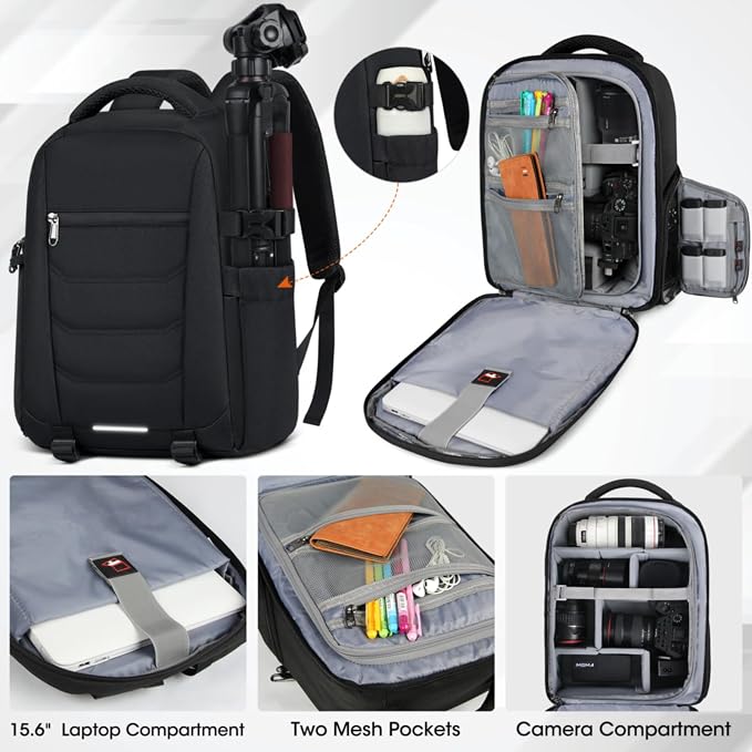 SDYSM Camera Bag Backpack Professional for DSLR SLR Mirrorless Camera Waterproof Laptop Back Pack 15.6 Inch with Rain Cover Anti Theft Travel Case Large Capacity Photography Backpack Black | 15.6 Inch Waterproof Camera Laptop Backpack with Rain Cover A... - Image 2