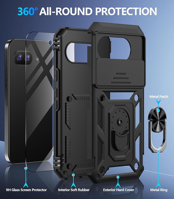 Taisairu for Google Pixel 10A Case with Screen Protector & Slide Camera Lens Cover,Built-in 360°Rotate Magnetic Ring Stand Shockproof Protective Phone Case for Google Pixel 10A Case (Black) - Image 2