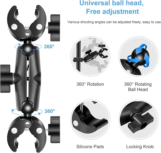 Double Mount Clamp for Action Camera, PULUZ Super Clamp Adapter Double Head Multifunction Holder for Motorcycle, Photography Light Fixture Bracket,Umbrella,Selfie Stick,Reflector - Image 5