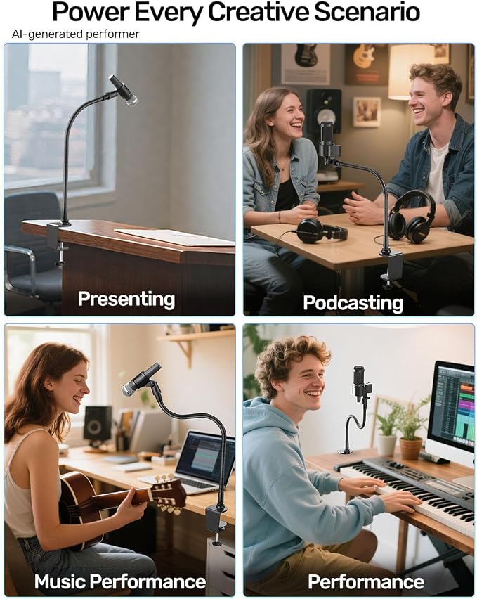 19" Gooseneck Microphone Stand for Desk, Clamp-On Arm with Heavy-Duty Clamp | 5/8-to-3/8 & 1/4 Adapters, Black Steel, Sturdy Clip, Easy Clamp-On Mount, for Podcast, Pulpit, Podium, Studio, Broadcasting - Image 7