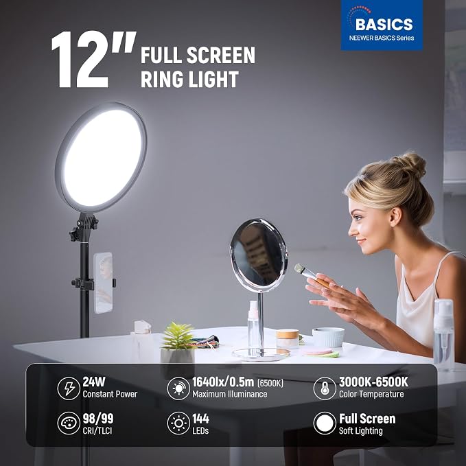 NEEWER Basics 12" 24W Large Ring Light w 68" Stand/Phone Holder for iPhone | Remote, Video Recording Selfie Streaming Makeup Studio Photography, 3000K-6500K CRI98 Full Screen LED Panel Lighting, BR13 - Image 4