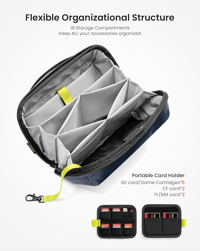 tomtoc Electronic Organizer Accessory Tech Pouch for MacBook Charger, Cables, Power Bank, Hard Drive, Cords, Water-resistant Storage Bag with Removable Card Slots for USB Adapter, Memory Card, Blue - Image 2
