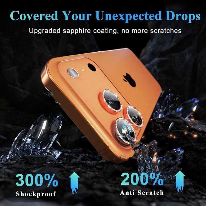 YWXTW Camera Lens Protector for iPhone 17 Pro/iPhone 17 Pro Max, [1 Step Installation Tray] Tempered Glass Screen Protector Metal Individual Camera Cover Accessories Case Friendly (Glitter Orange) - Image 3