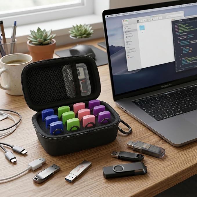 Comecase 12-Slot USB Flash Drive Case with Carabiner and SD Card Pocket | Hard Shell and Removable Foam Cushion Drives Against Drops for Work, School and Travel, Jet Black, Small, Case Only - Image 8
