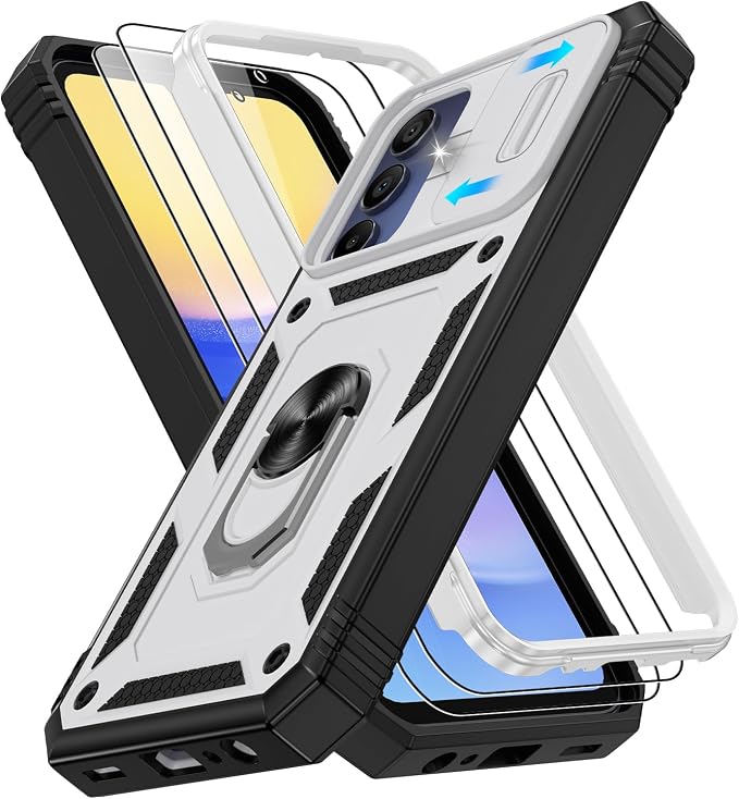 for Samsung Galaxy A15 5G Case with 2PCS Screen Protector, Build in 360° Rotating Ring Kickstand, Military Grade Protective Case for Samsung A15 Phone, White+Black by Gritup