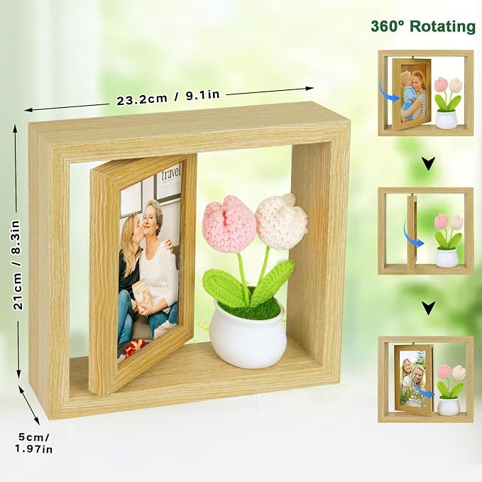 4x6 Rotating Picture Frame Desktop with Crochet Pink Tulip, 4x6 Double-Sided Display Vertical Photo- 2026 Graduation Gift for Girls Her Teacher Tulip Flower Gifts for Mom Women Office Desk Cute Decor - Image 3
