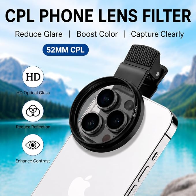 52mm CPL Phone Camera Lens Filter with Clip, Rotatable Circular Polarizer Filter for Smartphone Photography, Reduce Glare & Reflections, Enhance Color and Contrast for iPhone 17 16 15 14 13 12 - Image 2