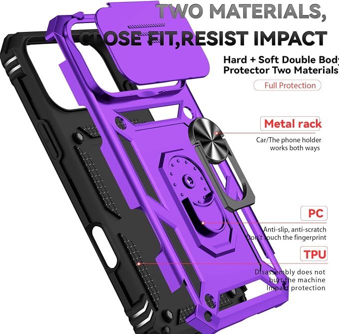 SunStory Phone Case for iPhone 17 Pro Max Case with HD Screen Protector & Slide Camera Cover & Rotated Ring Kickstand, [Military-Grade] Phone Case for iPhone 17 Pro Max, Purple - Image 8