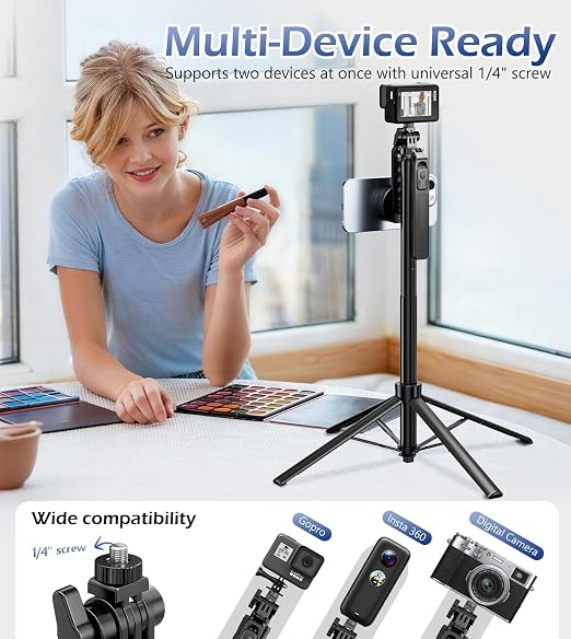 UBeesize 70'' Magnetic Selfie Stick Tripod for iPhone with Remote | 2-in-1 Phone Clamp, 1/4'' Screw Mount, Stable 4-Leg Tripod with Handle, MagSafe Phone Tripod for Camera, GoPro & Insta360 - Image 7
