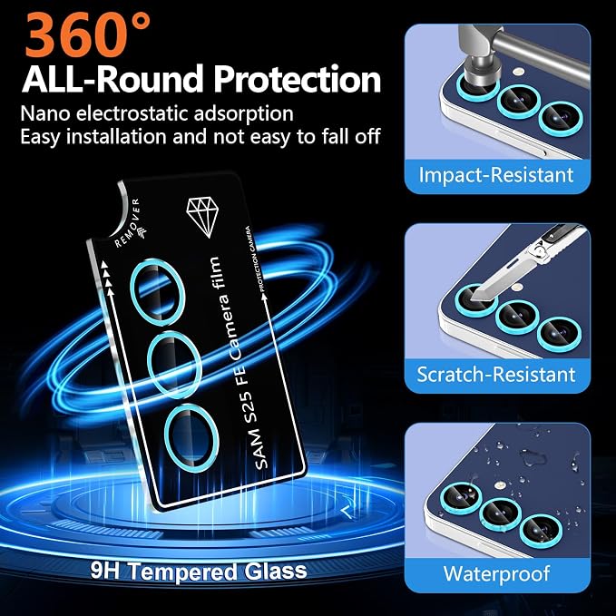 for Samsung Galaxy S25 FE Camera Lens Protector, Individual Metal Ring Tempered Glass Lens Cover, [Strong Adsorption] Scratch Resistant Ultra-Thin HD Clear Lens Cover, 1 Set-Blue Shine - Image 4
